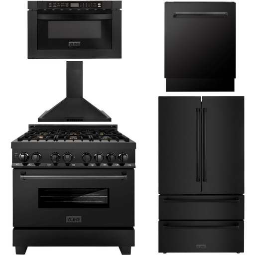 ZLINE Appliance Package - 36 in. Duel Fuel Range, Range Hood, Microwave Drawer, Dishwasher, Refrigerator, 5KPR-RABRH36-MWDWV