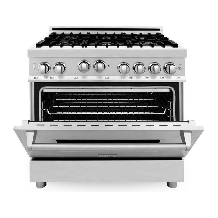 ZLINE Appliance Package - 36 in. Gas Range, 36 in. Range Hood, Microwave Drawer, 3 Rack Dishwasher, Refrigerator, 5KPR-RGRH36-MWDWV