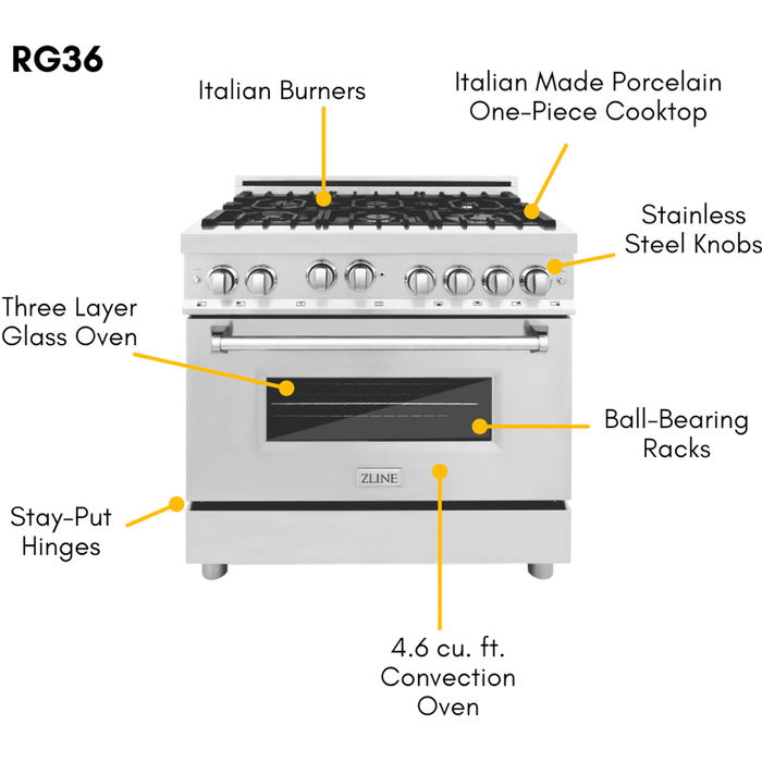 ZLINE Appliance Package - 36 in. Gas Range, 36 in. Range Hood, Microwave Drawer, 3 Rack Dishwasher, Refrigerator, 5KPR-RGRH36-MWDWV