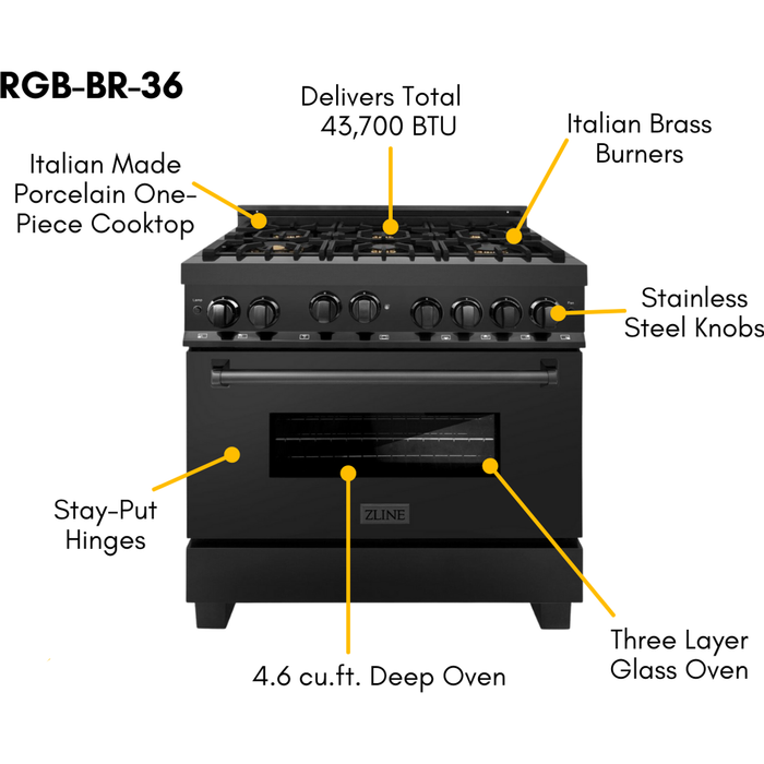 ZLINE Appliance Package - 36 In. Gas Range, Range Hood, Dishwasher in Black Stainless Steel, 3KP-RGBRH36-DWV