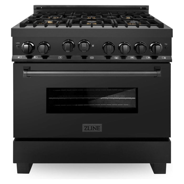 ZLINE Appliance Package - 36 in. Gas Range, Range Hood, Microwave Drawer, Refrigerator in Black Stainless, 4KPR-RGBRH36-MW