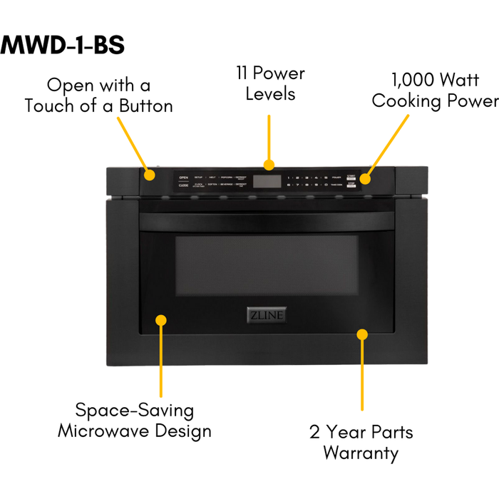 ZLINE Appliance Package - 36 in. Gas Range, Range Hood, Microwave Drawer, Refrigerator in Black Stainless, 4KPR-RGBRH36-MW