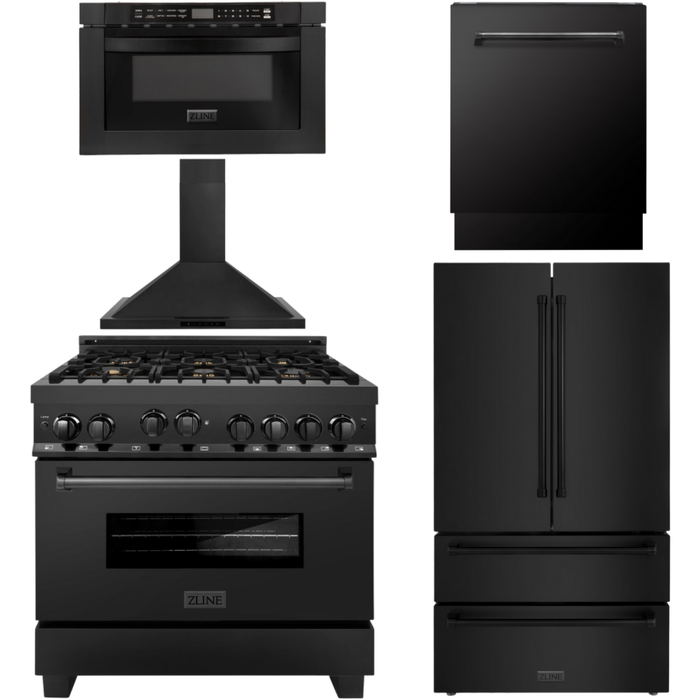 ZLINE Appliance Package - 36 in. Gas Range, Range Hood, Microwave Oven, Dishwasher, Refrigerator, 5KPR-RGBRH36-MWDWV