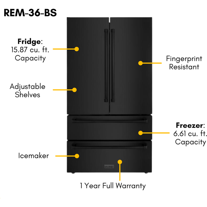 ZLINE Appliance Package - 36 in. Gas Range, Range Hood, Microwave Oven, Dishwasher, Refrigerator, 5KPR-RGBRH36-MWDWV