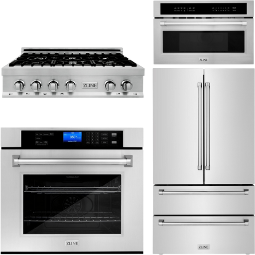 ZLINE Appliance Package - 36 In. Rangetop, 30 In. Wall Oven, Refrigerator and 30 In. Microwave Oven in Stainless Steel, 4KPR-RT36-MWAWS