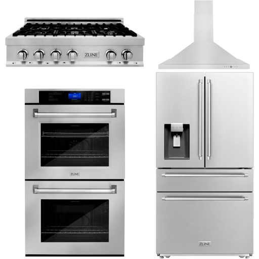 ZLINE Appliance Package - 36 In. Rangetop, Range Hood, Refrigerator with Water and Ice Dispenser and Double Wall Oven, 4KPRW-RTRH36-AWD