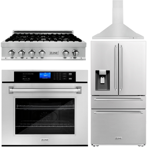 ZLINE Appliance Package - 36 In. Rangetop, Range Hood, Refrigerator with Water and Ice Dispenser and Wall Oven, 4KPRW-RTRH36-AWS