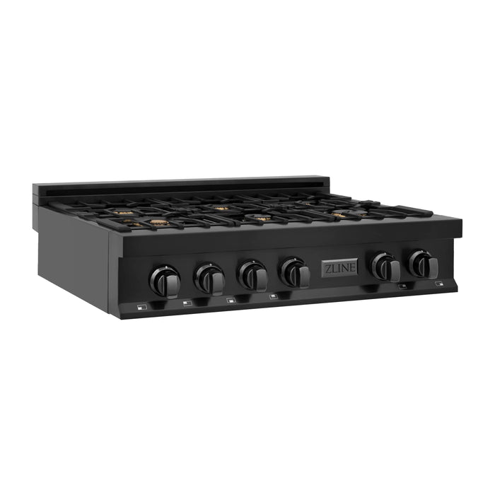 ZLINE Appliance Package - 36 in. Rangetop With 6 Gas Burners, Range Hood In Black Stainless Steel, 2KP-RTBRH36