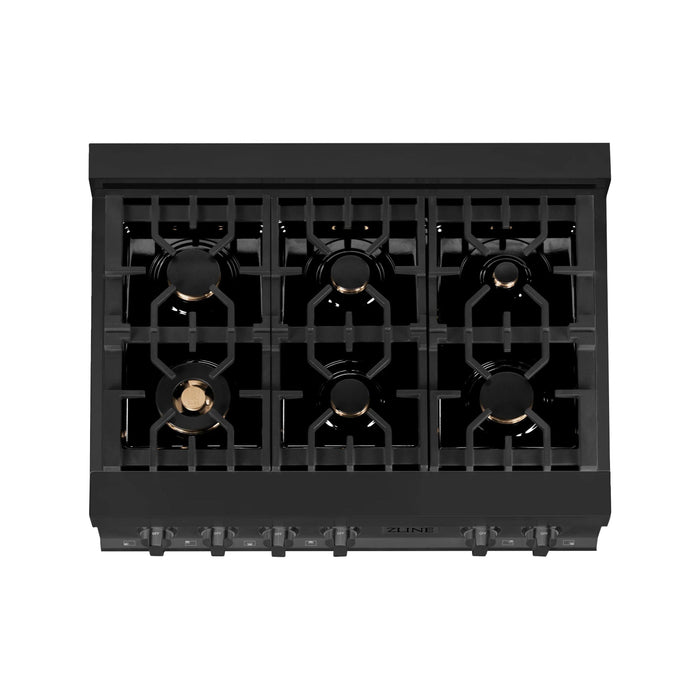 ZLINE Appliance Package - 36 in. Rangetop With 6 Gas Burners, Range Hood In Black Stainless Steel, 2KP-RTBRH36