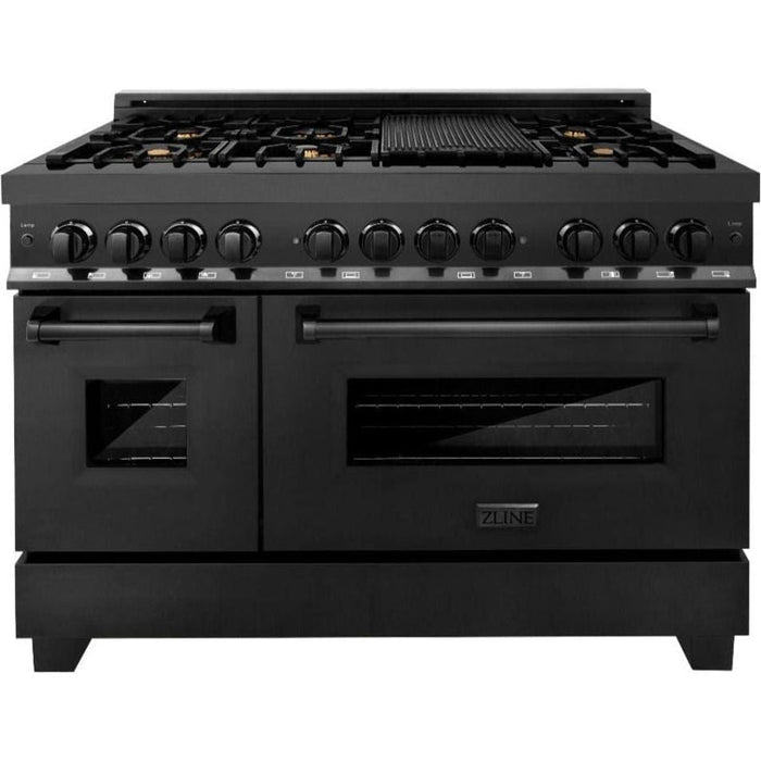 ZLINE Appliance Package - 48" Gas Burner/Electric Oven, Range Hood, Refrigerator With Water And Ice Dispenser, Dishwasher And Microwave In Black Stainless Steel, 5KPRW-RABRH48-MWDWV