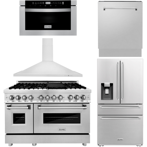 ZLINE Appliance Package - 48 in. Dual Fuel Range, Range Hood, Microwave Drawer, Dishwasher, Refrigerator with Water and Ice Dispenser, 5KPRW-RARH48-MWDWV