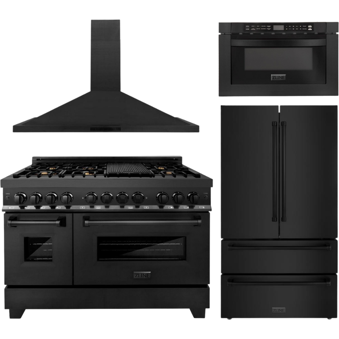 ZLINE Appliance Package - 48 in. Dual Fuel Range, Range Hood, Microwave Drawer, Refrigerator in Black Stainless, 4KPR-RABRH48-MW