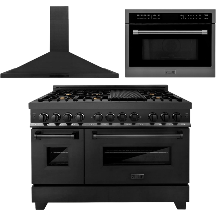 ZLINE Appliance Package - 48 In. Dual Fuel Range with Brass Burners, Microwave Oven, Range Hood in Black Stainless Steel, 3KP-RABRHMWO-48