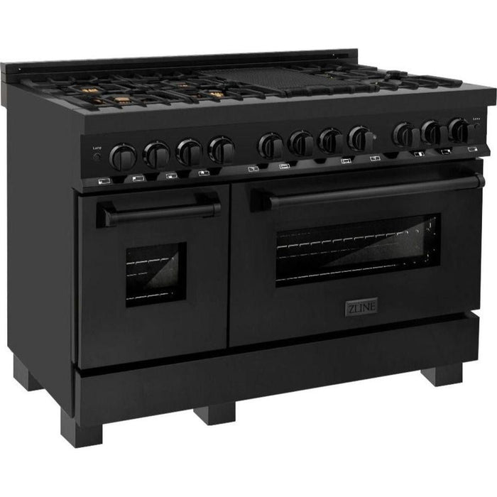 ZLINE Appliance Package - 48 In. Dual Fuel Range with Brass Burners, Microwave Oven, Range Hood in Black Stainless Steel, 3KP-RABRHMWO-48