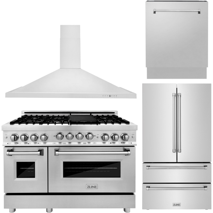 ZLINE Appliance Package - 48 in. Gas Range, Range Hood, 3 Rack Dishwasher, Refrigerator, 4KPR-RGRH48-DWV