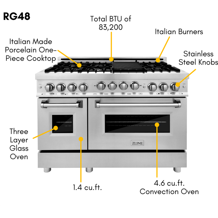 ZLINE Appliance Package - 48 in. Gas Range, Range Hood, 3 Rack Dishwasher, Refrigerator, 4KPR-RGRH48-DWV