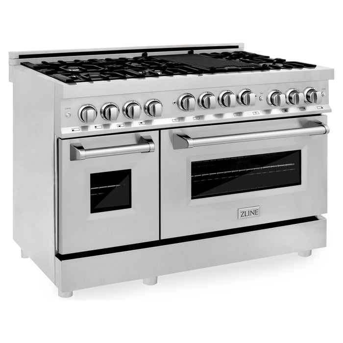 ZLINE Appliance Package - 48 In. Gas Range, Range Hood, Microwave Oven in Stainless Steel, 3KP-RGRHMWO-48