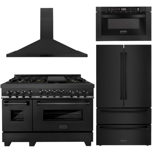 ZLINE Appliance Package - 48 In. Gas Range, Refrigerator, Range Hood, Microwave Drawer in Black Stainless Steel, 4KPR-RGBRH48-MW