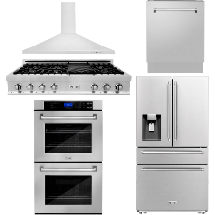 ZLINE Appliance Package - 48 In. Gas Rangetop, Range Hood, Refrigerator with Water and Ice Dispenser, Dishwasher and Double Wall Oven in Stainless Steel, 5KPRW-RTRH48-AWDDWV