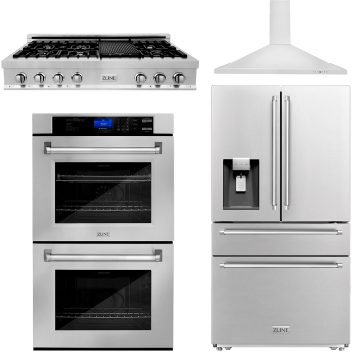 ZLINE Appliance Package - 48 In. Rangetop, Range Hood, Refrigerator with Water and Ice Dispenser and Double Wall Oven, 4KPRW-RTRH48-AWD