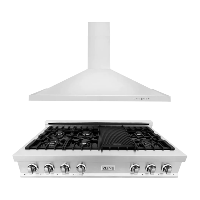 ZLINE Appliance Package - 48" Rangetop With 4 Gas Burners, Range Hood In Stainless Steel, 2KP-RTRH48