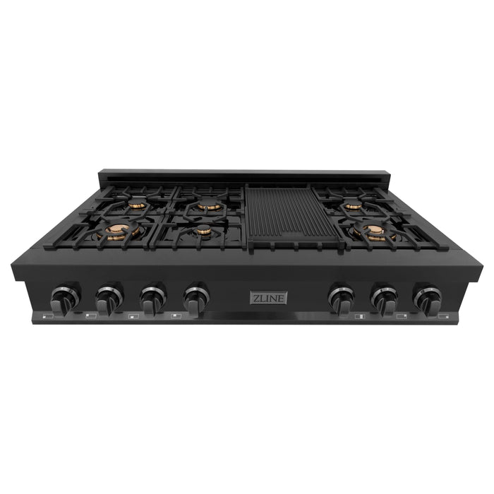 ZLINE Appliance Package - 48" Rangetop With 6 Gas Burners, Range Hood In Black Stainless Steel, 2KP-RTBRH48