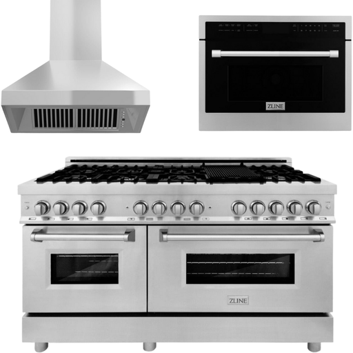 ZLINE Appliance Package - 60 In. Dual Fuel Range, Microwave Oven, Range Hood in Stainless Steel, 3KP-RARHMWO-60