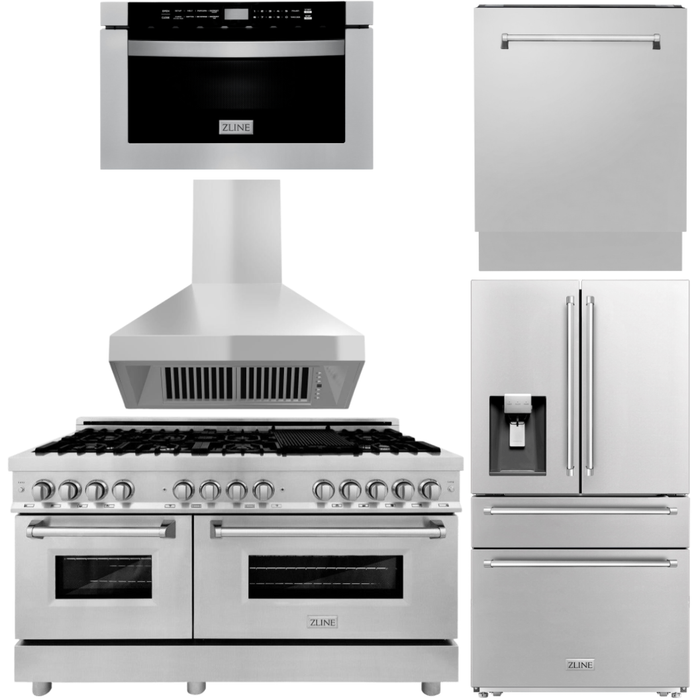 ZLINE Appliance Package - 60 In. Dual Fuel Range, Range Hood, Microwave Drawer, Dishwasher, Refrigerator with Water and Ice Dispenser, 5KPRW-RARH60-MWDWV