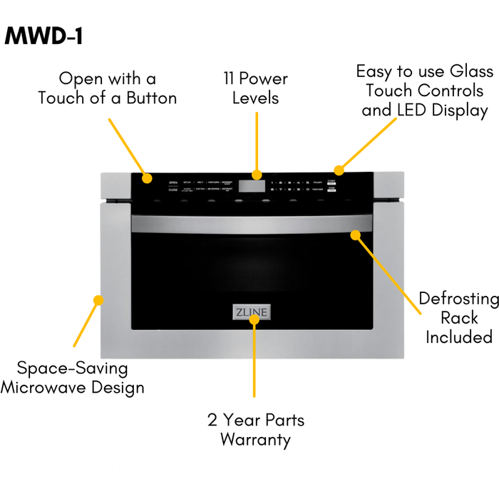 ZLINE Appliance Package - 60 In. Dual Fuel Range, Range Hood, Microwave Drawer, Dishwasher, Refrigerator with Water and Ice Dispenser, 5KPRW-RARH60-MWDWV