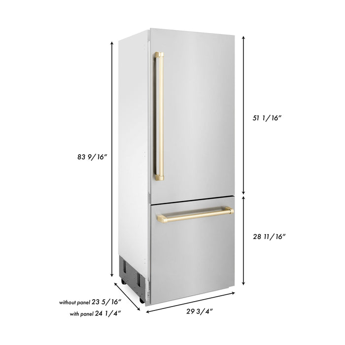 ZLINE Autograph 30 In. 16.1 cu. ft. Built-In Refrigerator with Internal Water and Ice Dispenser with Gold Accents, RBIVZ-304-30-G