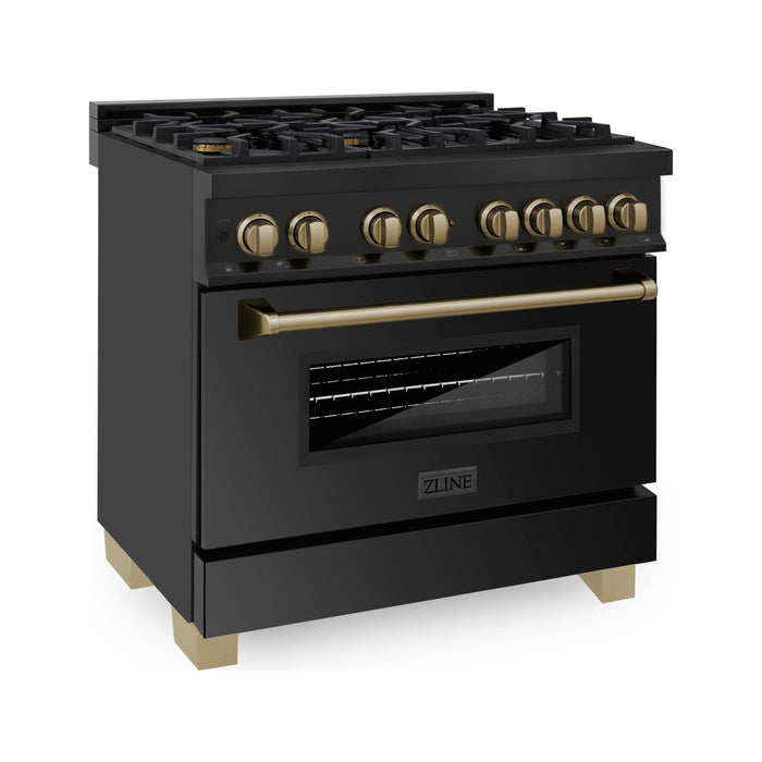 ZLINE Autograph 36 in. Range with Gas Burner and Electric Oven In Black Stainless Steel with Champagne Bronze Accents RABZ-36-CB