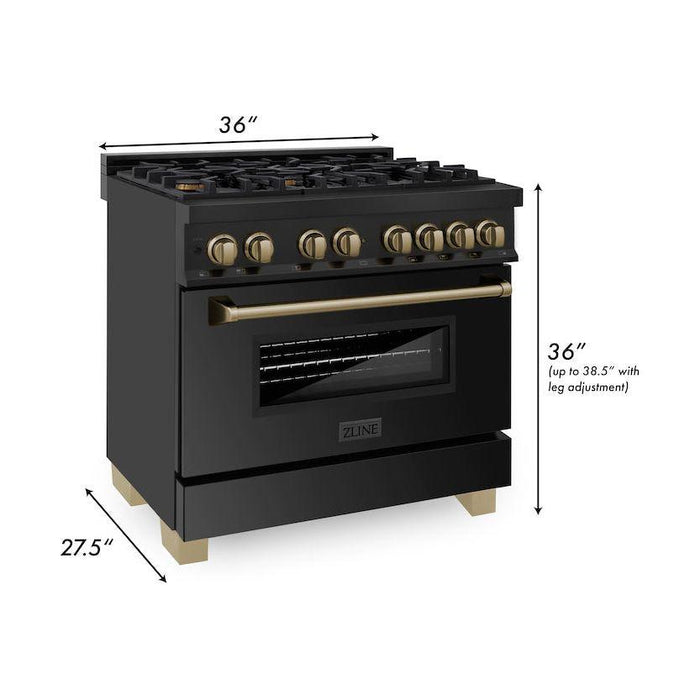 ZLINE Autograph 36 in. Range with Gas Burner and Electric Oven In Black Stainless Steel with Champagne Bronze Accents RABZ-36-CB