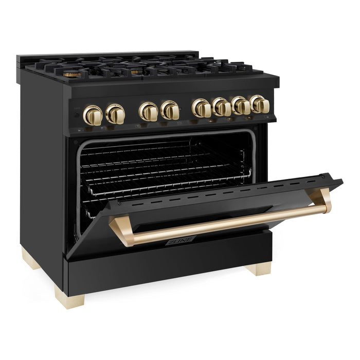 ZLINE Autograph 36 in. Range with Gas Burner and Electric Oven In Black Stainless Steel with Gold Accents RABZ-36-G