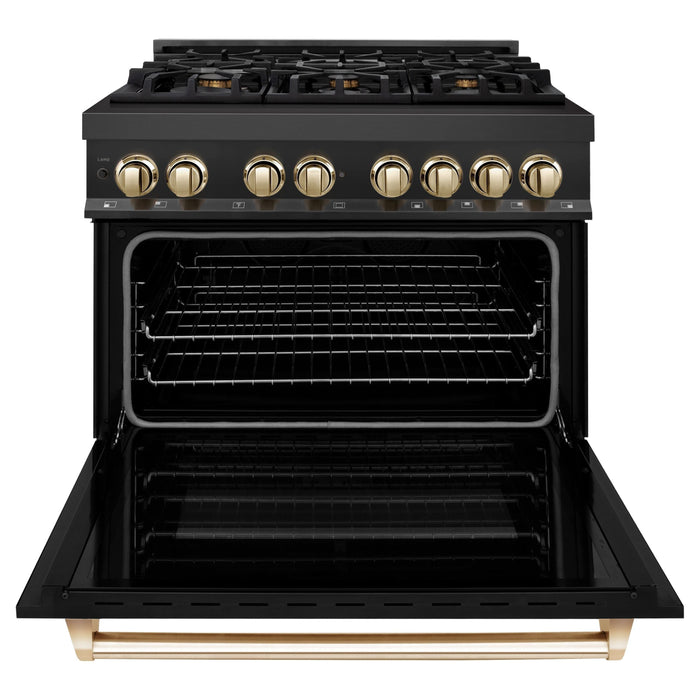 ZLINE Autograph 36 in. Range with Gas Burner and Electric Oven In Black Stainless Steel with Gold Accents RABZ-36-G