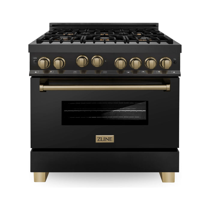 ZLINE Autograph 36 in. Range with Gas Burner and Gas Oven In Black Stainless Steel with Champagne Bronze Accents RGBZ-36-CB