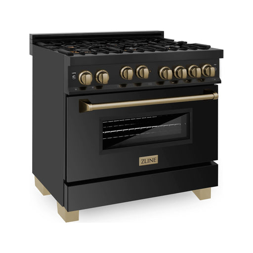 ZLINE Autograph 36 in. Range with Gas Burner and Gas Oven In Black Stainless Steel with Champagne Bronze Accents RGBZ-36-CB