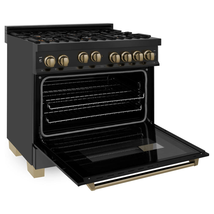 ZLINE Autograph 36 in. Range with Gas Burner and Gas Oven In Black Stainless Steel with Champagne Bronze Accents RGBZ-36-CB