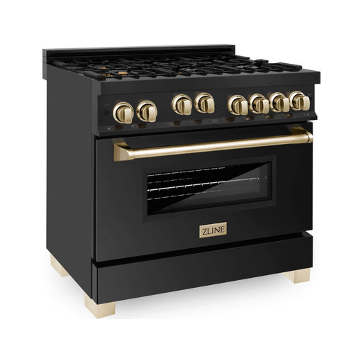 ZLINE Autograph 36 in. Range with Gas Burner and Gas Oven In Black Stainless Steel with Gold Accents RGBZ-36-G