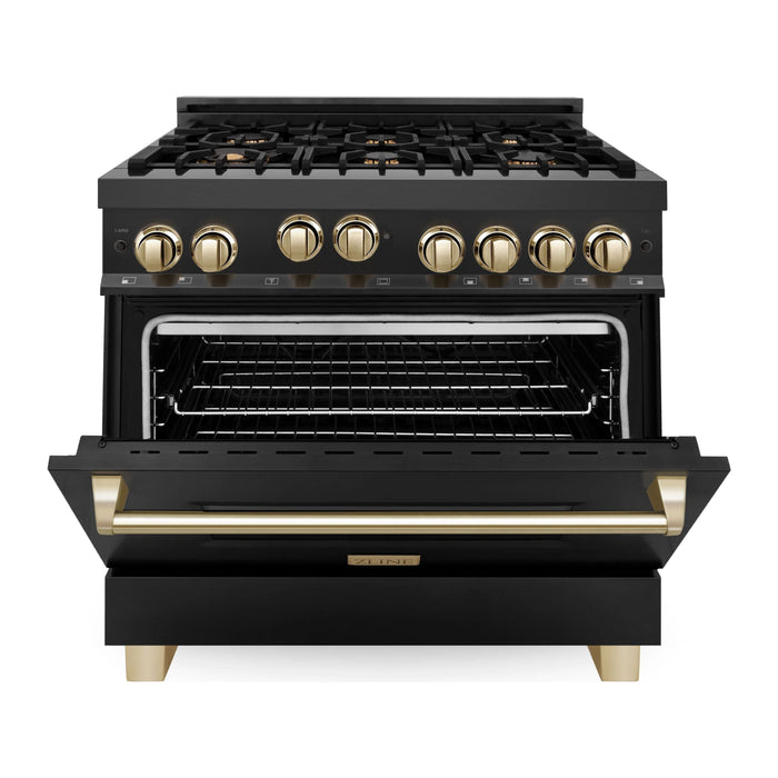 ZLINE Autograph 36 in. Range with Gas Burner and Gas Oven In Black Stainless Steel with Gold Accents RGBZ-36-G