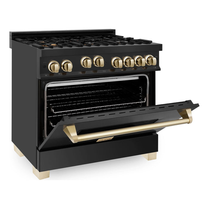 ZLINE Autograph 36 in. Range with Gas Burner and Gas Oven In Black Stainless Steel with Gold Accents RGBZ-36-G