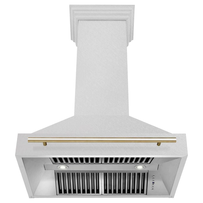 ZLINE Autograph 36 Inch DuraSnow Stainless Steel Range Hood with DuraSnow Shell and Gold Handle 8654SNZ-36-G