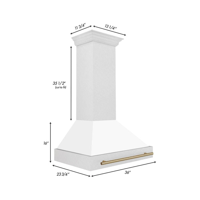 ZLINE Autograph 36 Inch DuraSnow Stainless Steel Range Hood with White Matte Shell and Champagne Bronze Handle 8654SNZ-WM36-CB