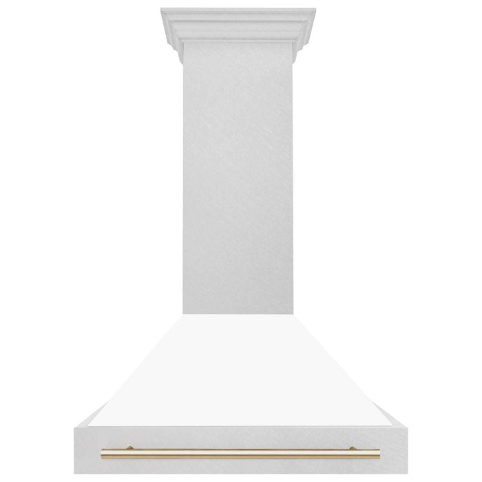 ZLINE Autograph 36 Inch DuraSnow Stainless Steel Range Hood with White Matte Shell and Gold Handle 8654SNZ-WM36-G