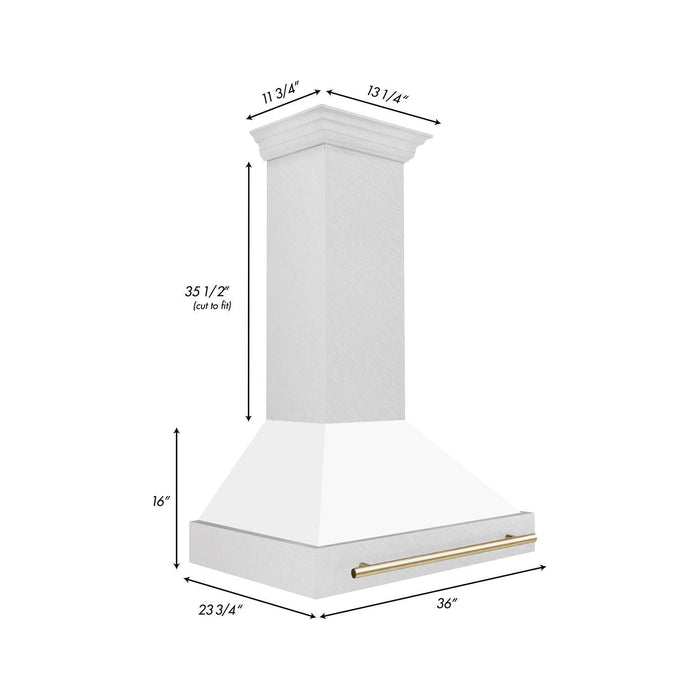 ZLINE Autograph 36 Inch DuraSnow Stainless Steel Range Hood with White Matte Shell and Gold Handle 8654SNZ-WM36-G