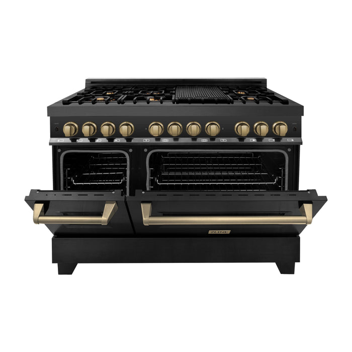 ZLINE Autograph 48 in. Range with Gas Burner and Electric Oven In Black Stainless Steel and Champagne Bronze Accents RABZ-48-CB