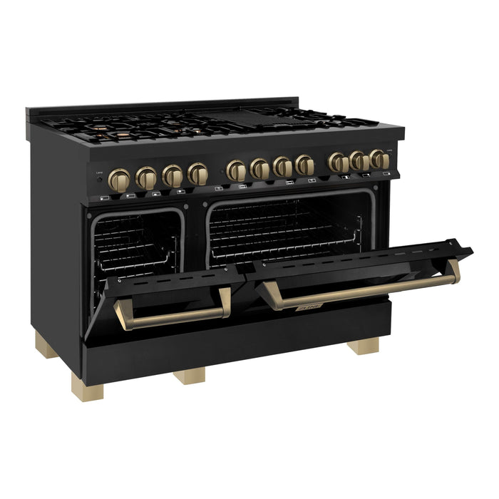 ZLINE Autograph 48 in. Range with Gas Burner and Electric Oven In Black Stainless Steel and Champagne Bronze Accents RABZ-48-CB