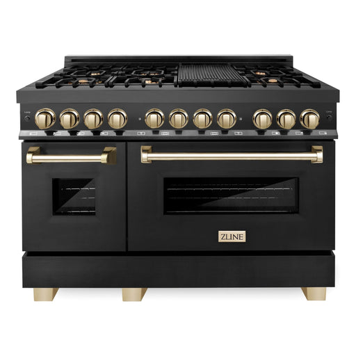 ZLINE Autograph 48 in. Range with Gas Burner and Electric Oven In Black Stainless Steel and Gold Accents RABZ-48-G