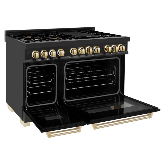 ZLINE Autograph 48 in. Range with Gas Burner and Electric Oven In Black Stainless Steel and Gold Accents RABZ-48-G