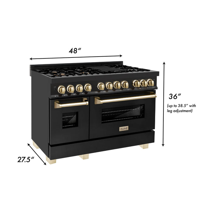 ZLINE Autograph 48 in. Range with Gas Burner and Electric Oven In Black Stainless Steel and Gold Accents RABZ-48-G