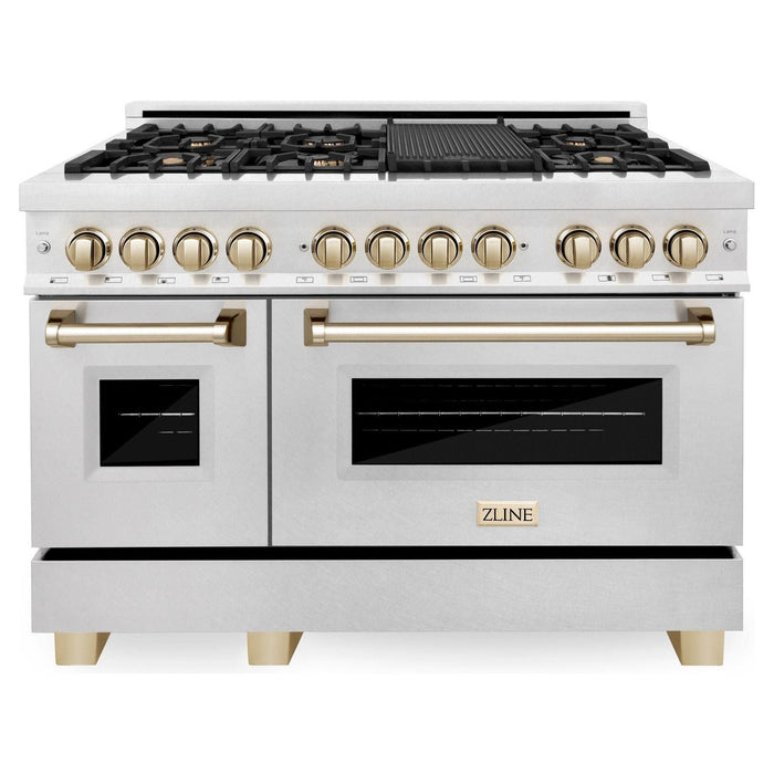 ZLINE Autograph 48 in. Range with Gas Burner and Electric Oven In DuraSnow Stainless Steel with Gold Accents RASZ-SN-48-G